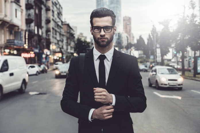 city business man wearing suit outside in street